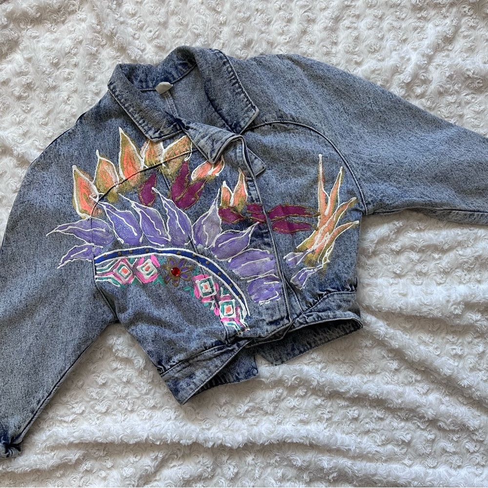 Vintage 80s Hand-Painted Crop Jacket•Dolman Sleeves•Tropical Vibes•Small